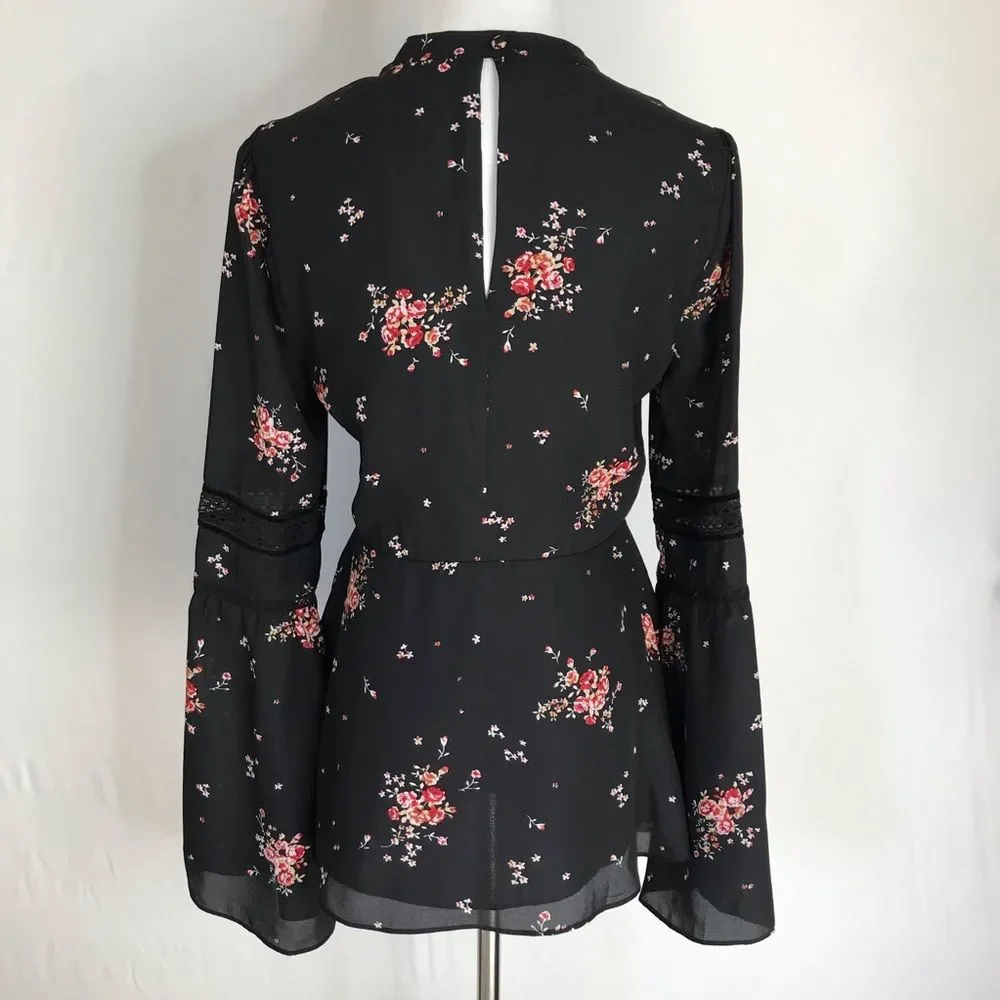 Show Me Your MuMu Lafayette Blouse XS NWT Black Red Cherry Blossom Bell Sleeve